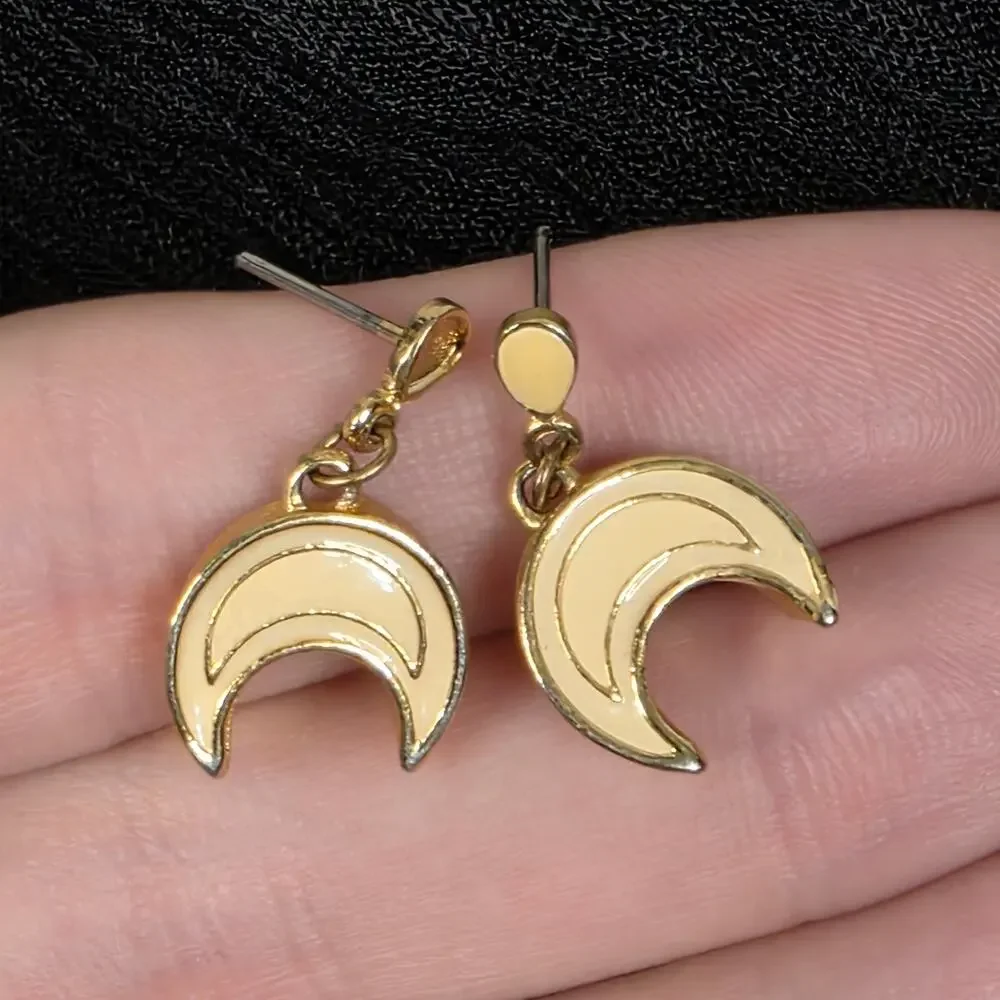 Vintage Cream Enamel Crescent Moon Earrings Gold Tone Celestial Dangle